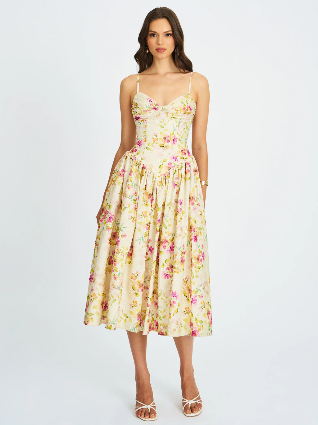 Jacinda Yellow Floral Print Ruched Breast Linen Midi Dress