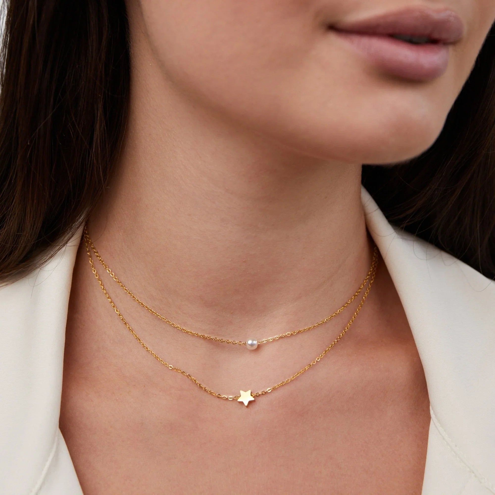 Vioraia Layered Gold Star & Pearl Necklace