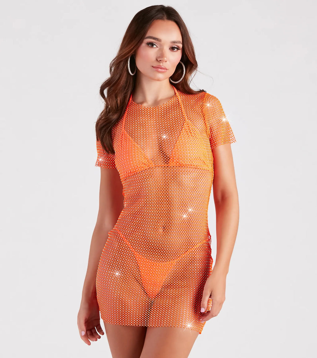 Fierce Summer Vibes Rhinestone Fishnet Mini Dress
