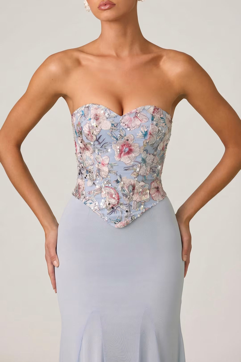 Embellished Corset Fishtail Gown in Floral Blue