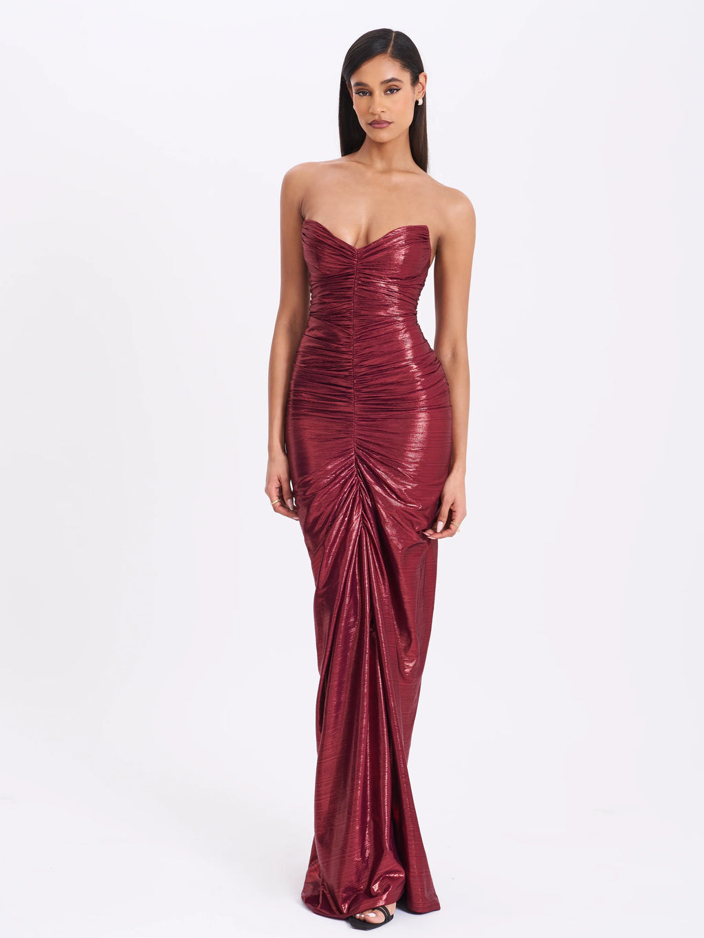 Sable Ruched Burgundy Glitter Mermaid Gown
