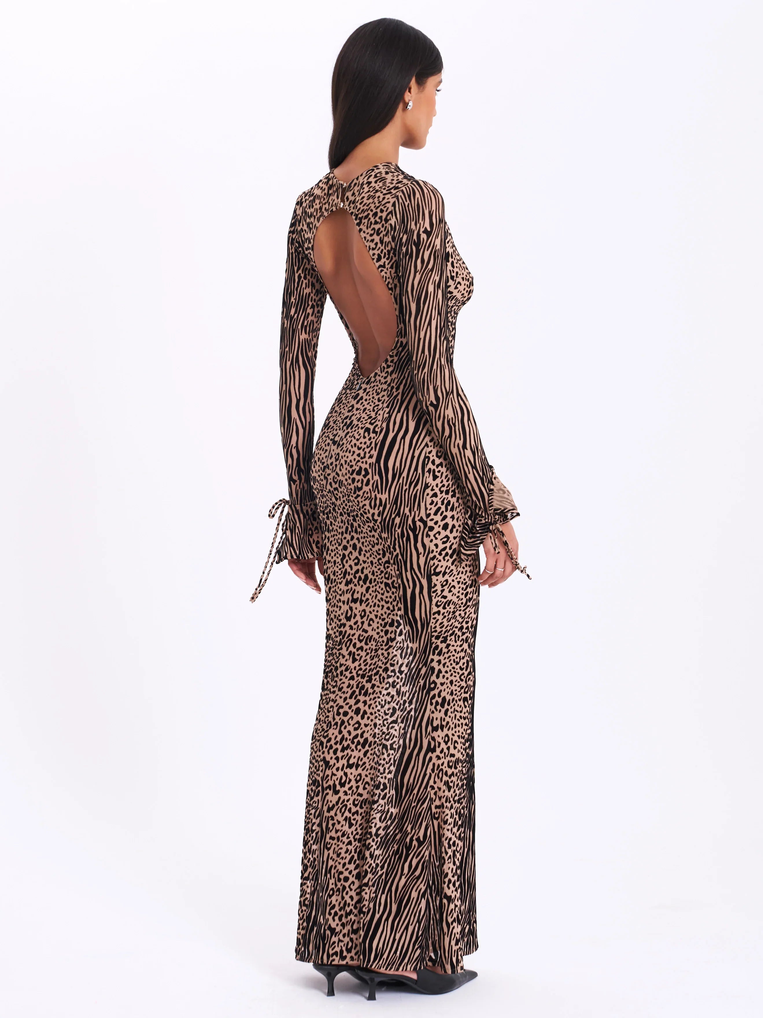 Waylynn Nude Black Animal Print Burnout Velvet Detail Mesh Backless Maxi Dress