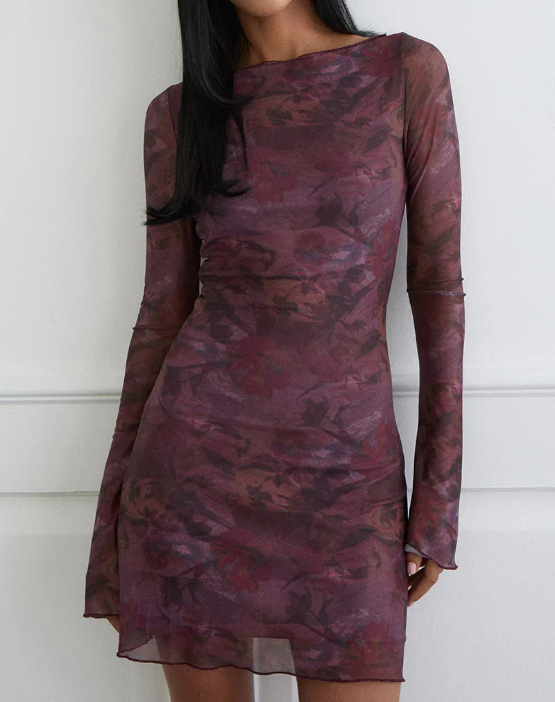 Sevila Long Sleeve Mini Dress in Mesh Blurry Floral Burgundy