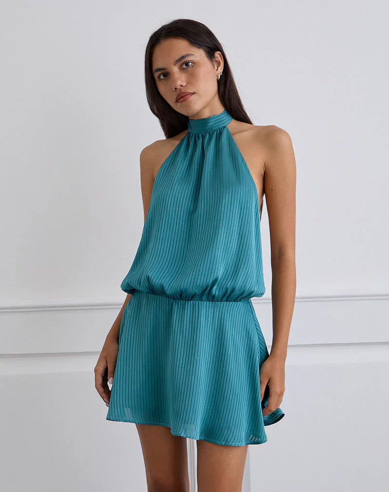 Davina Mini Dress in Stripe Satin Teal