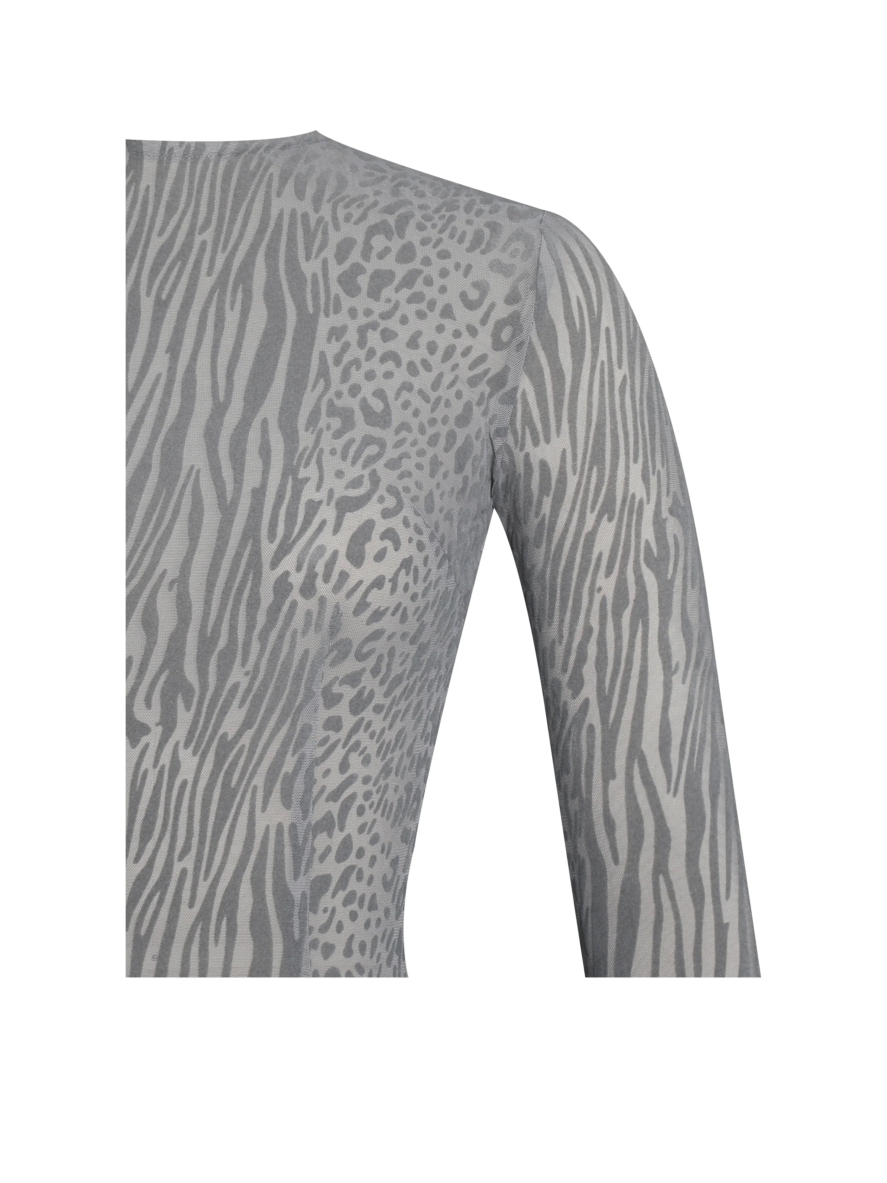 Waylynn Gray Animal Print Burnout Velvet Detail Mesh Backless Maxi Dress