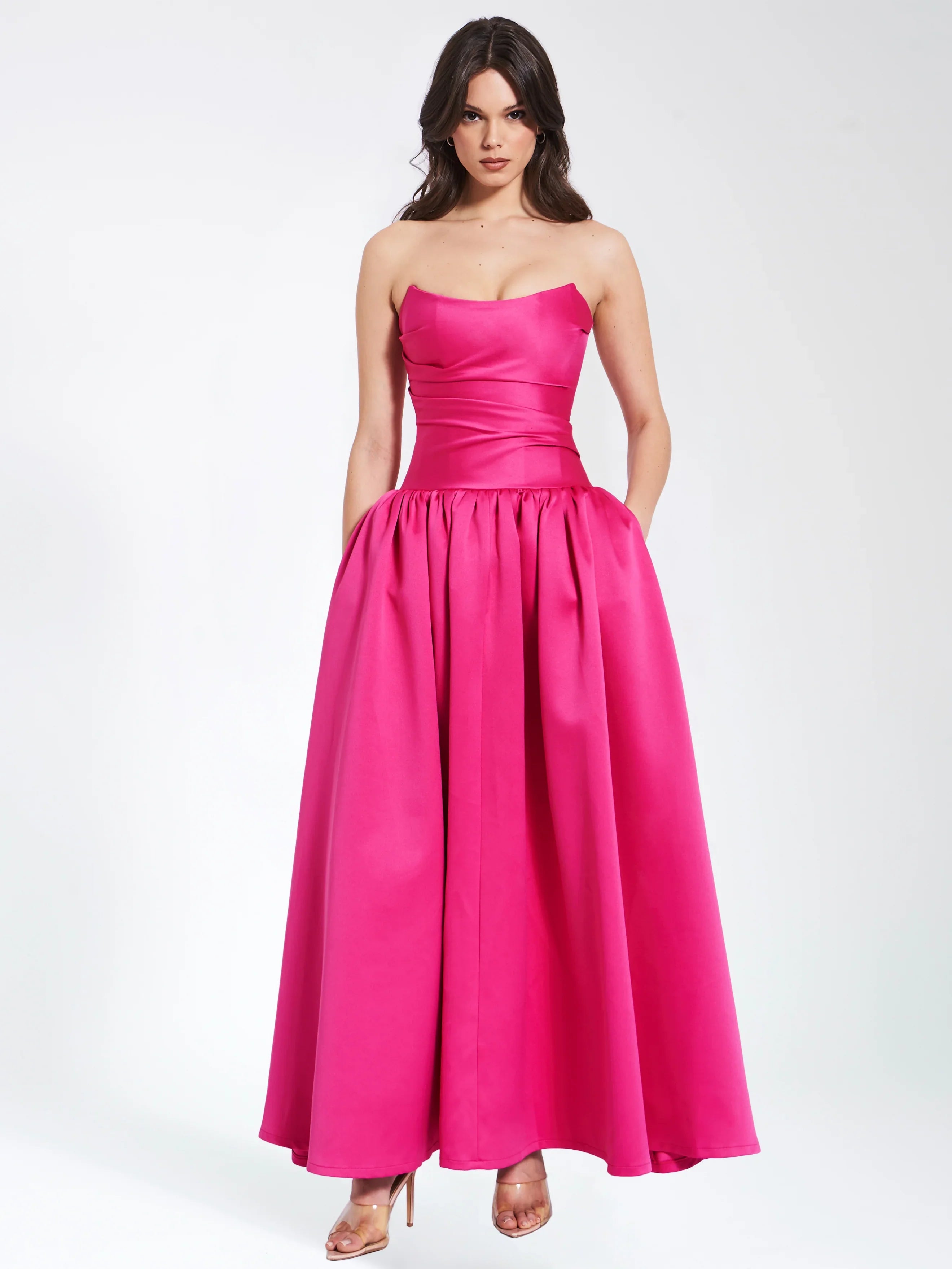Walterina Fuchsia Satin Strapless Drop Waist Corset Gown