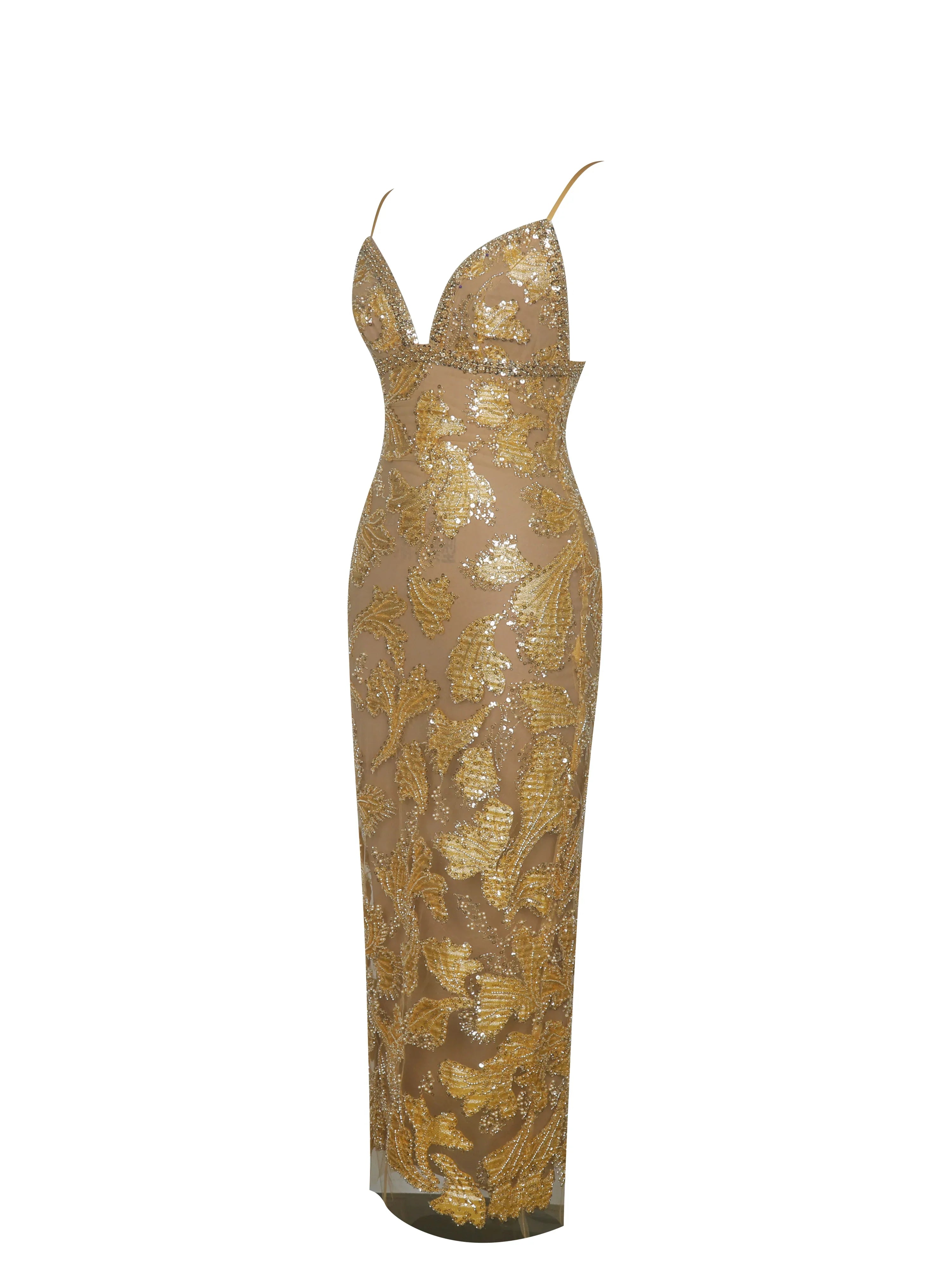Edie Gold Beaded Sequin Midi Pencil Dress