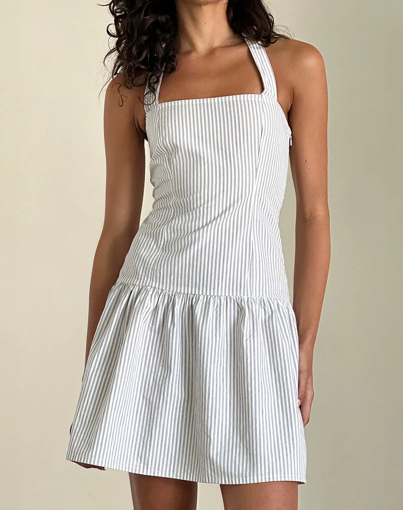 Panja Mini Halter Dress in Small Stripe Vertical Grey