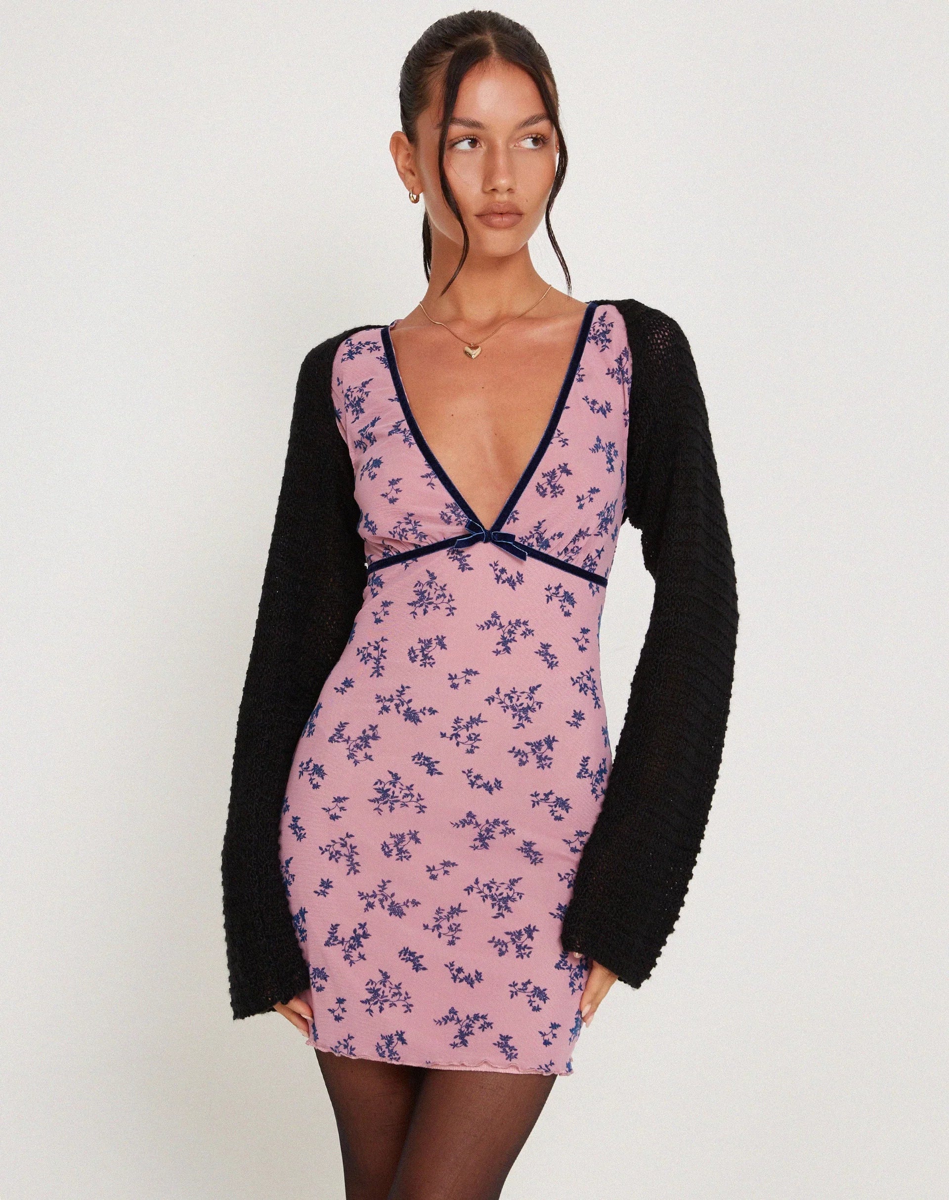 Evilia Mesh Mini Dress in Pink and Navy Botanist Flocking