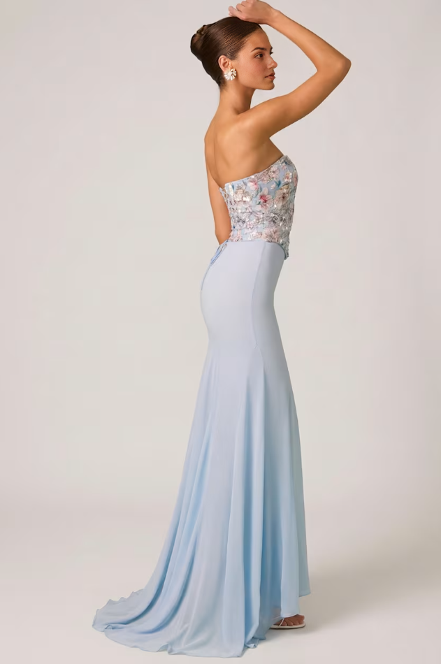 Embellished Corset Fishtail Gown in Floral Blue