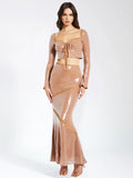 Odalis Nude Sequin Maxi Skirt With Lace Trim