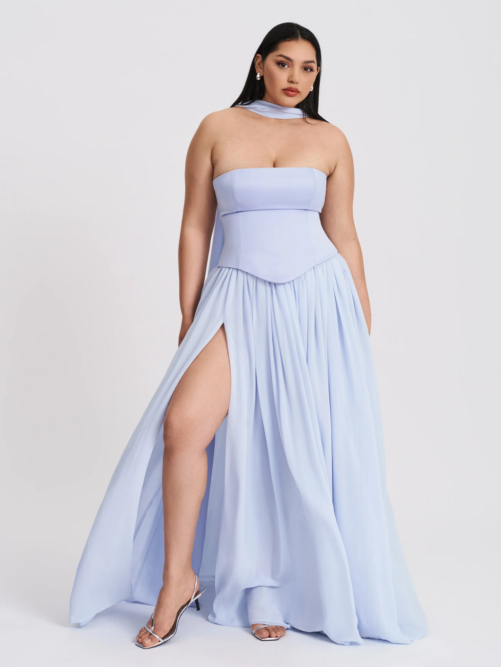 Qianna Baby Blue Peplum Top Drop Waist Chiffon Gown