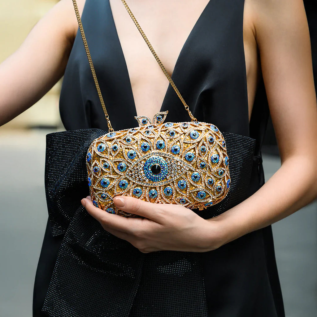 Vioraia Crystal Evil Eye Clutch Bag - Gold