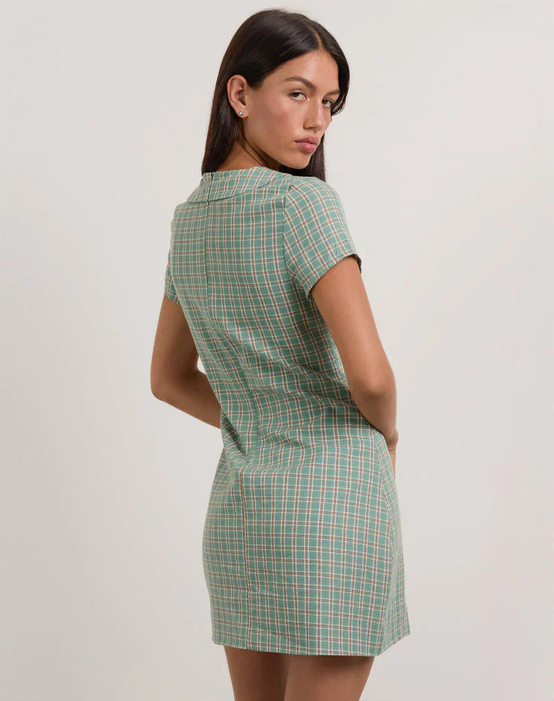 Medora Keyhole Mini Dress in Teal Check