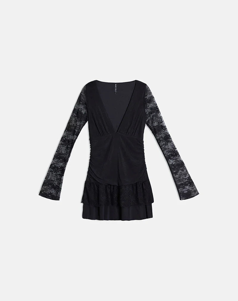 Mishal Long Sleeve Plunge Mini Dress in Lace Black
