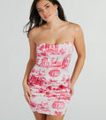 Cause A Scene Strapless Print Satin Mini Dress