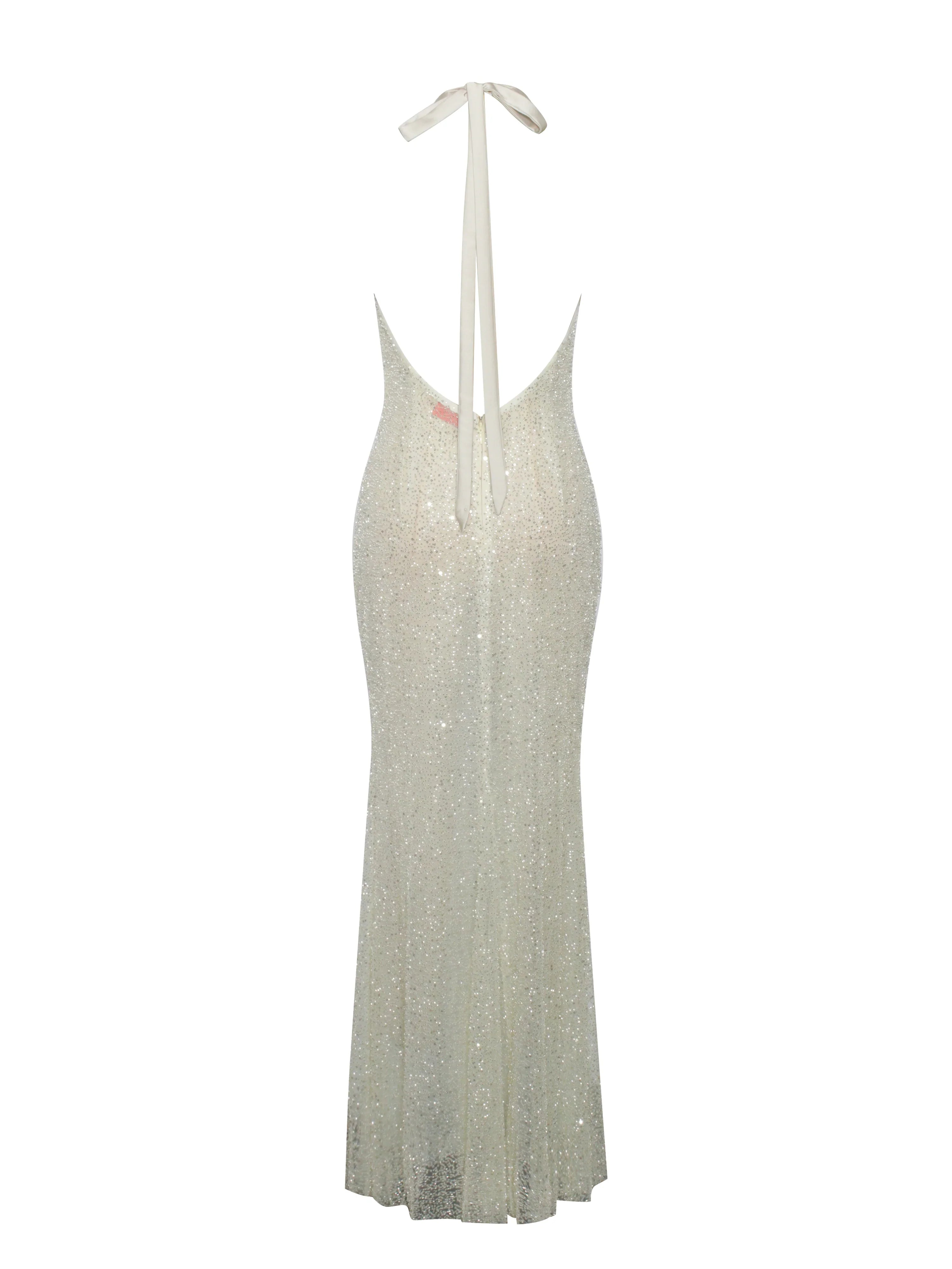 Zahya Lime Halter Backless Beaded Mesh Gown