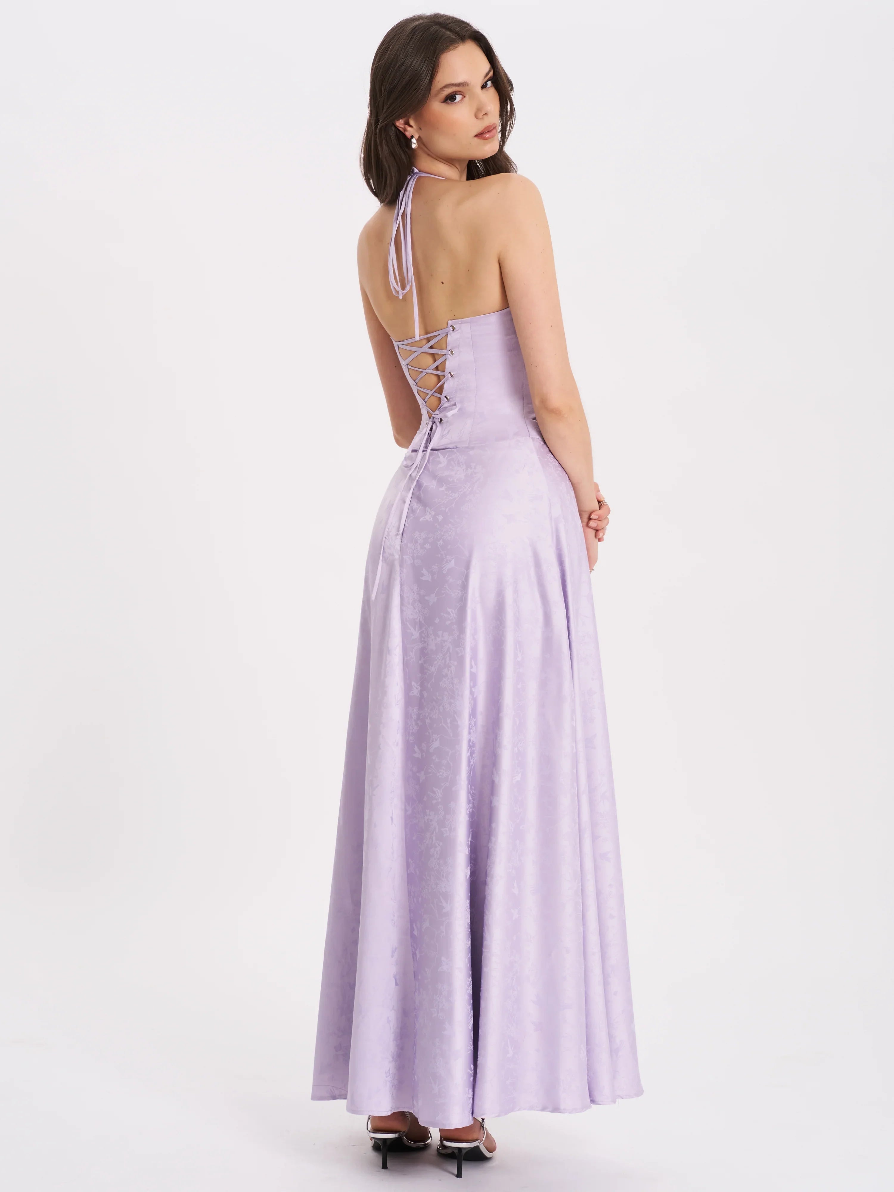 Raegan Taro Purple Jacquard Rouched Maxi Dress