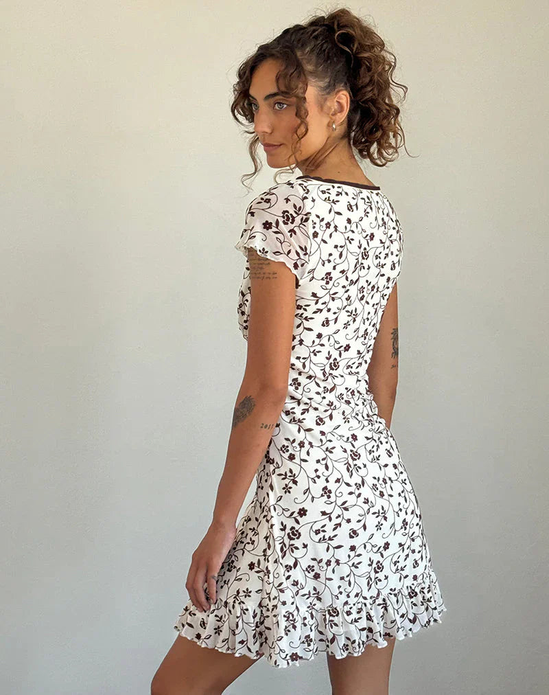 Melva Mini Dress in Brown Stem Flower Flock