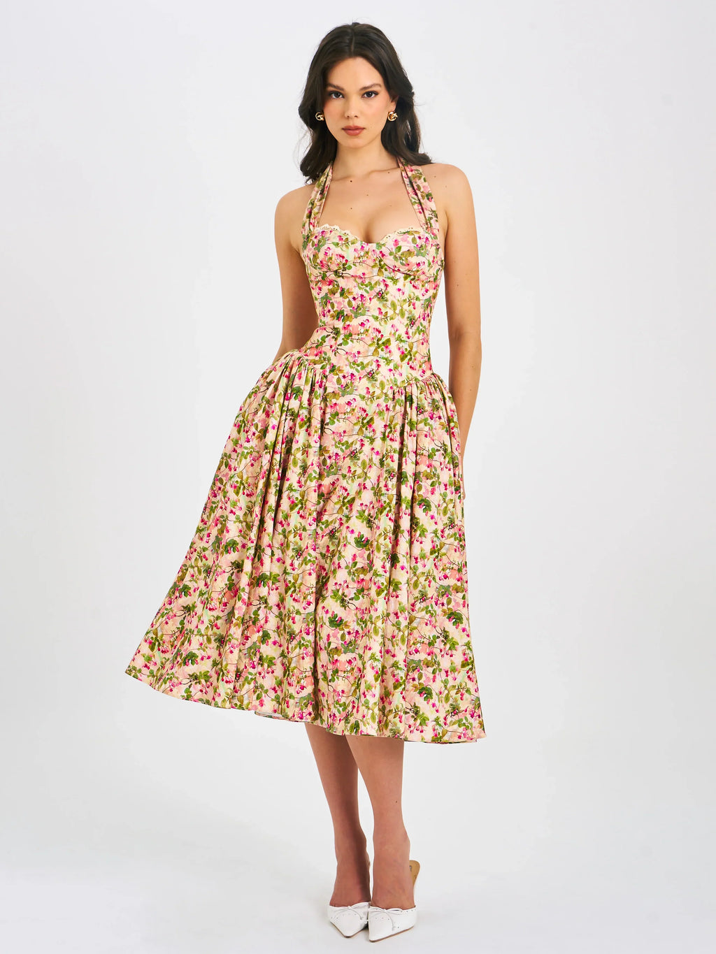 Niya Floral Print Linen Halter Corset Maxi Dress