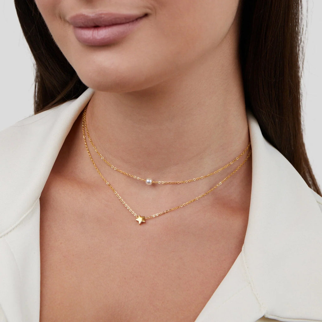 Vioraia Layered Gold Star & Pearl Necklace