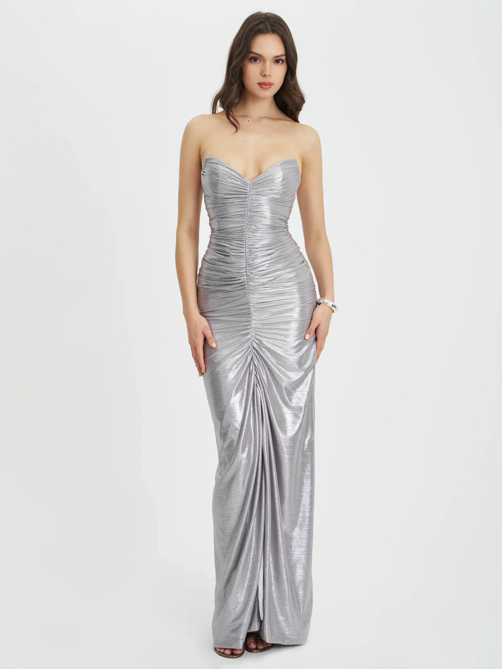 Sable Ruched Silver Glitter Mermaid Gown
