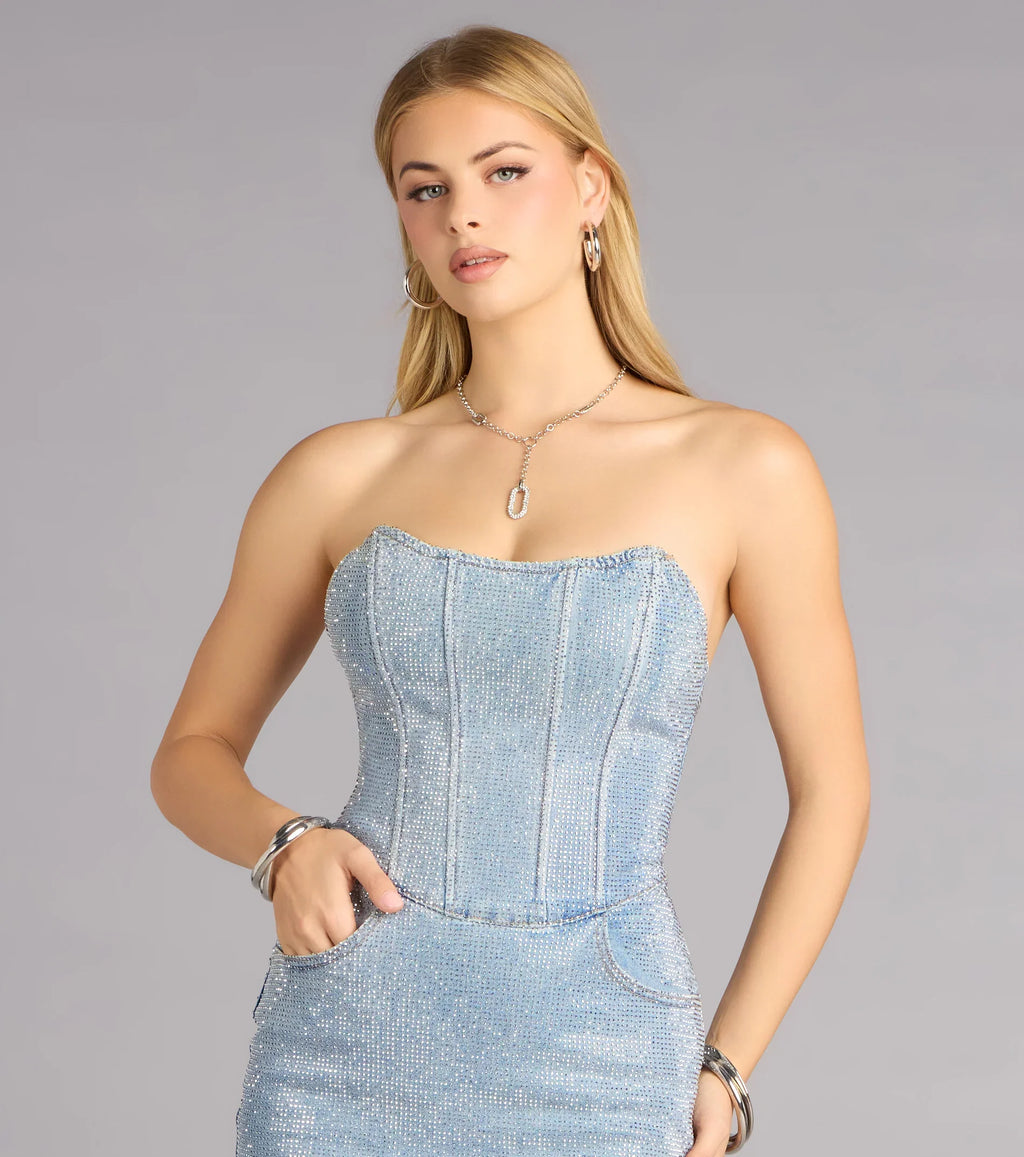 Esmerelda Denim Rhinestone Bodycon Mini Dress
