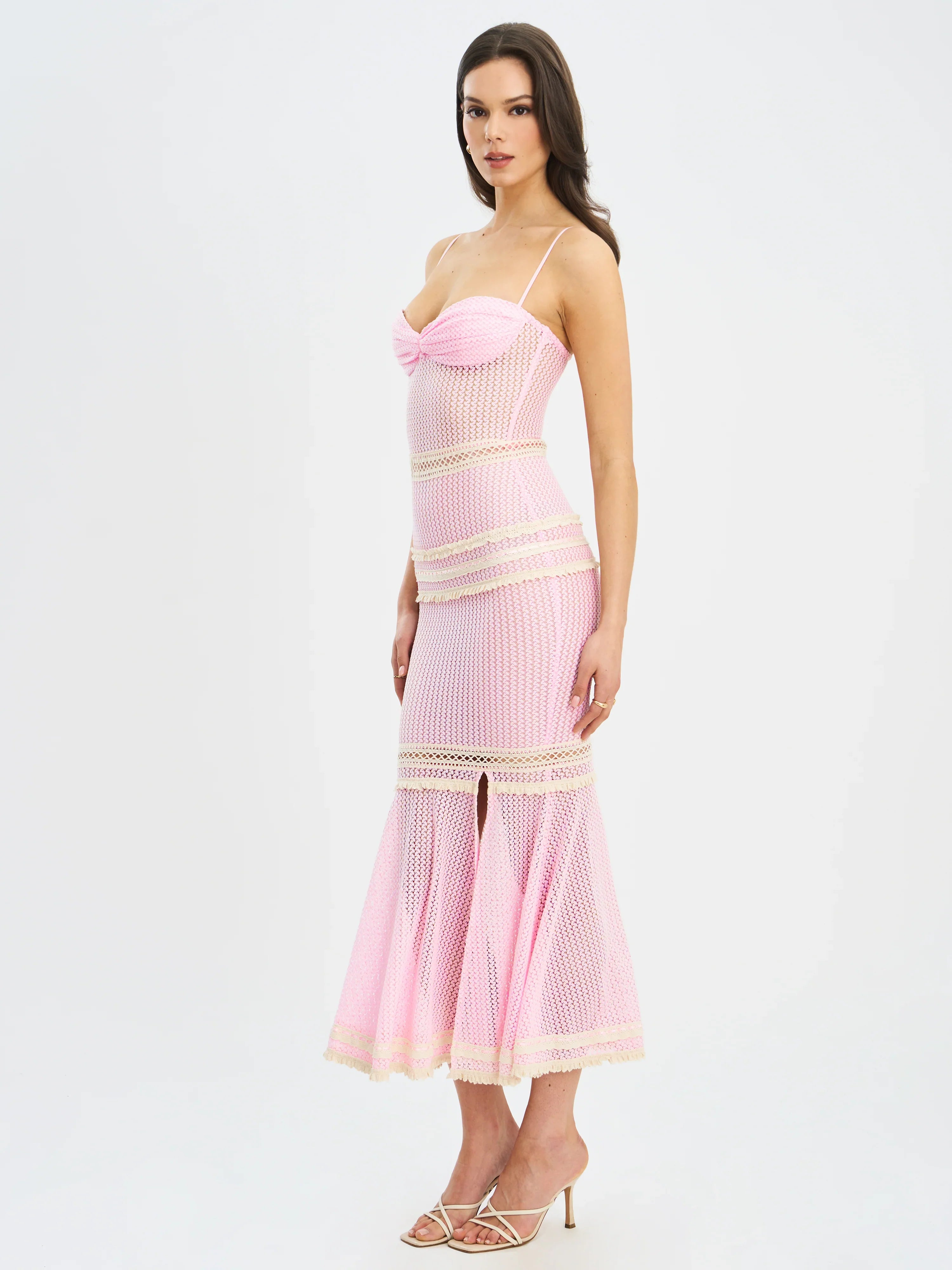 Pallas Pink Lace Trim Crochet Mermaid Maxi Dress