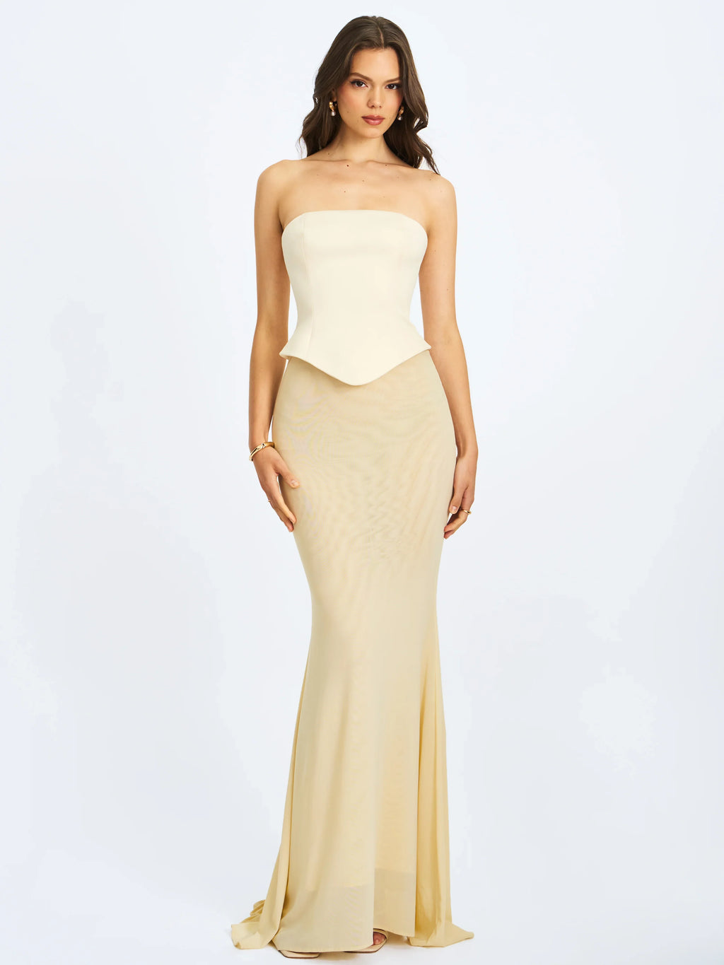 Adelina Butter Yellow Peplum Mermaid Gown with Lace-up Back