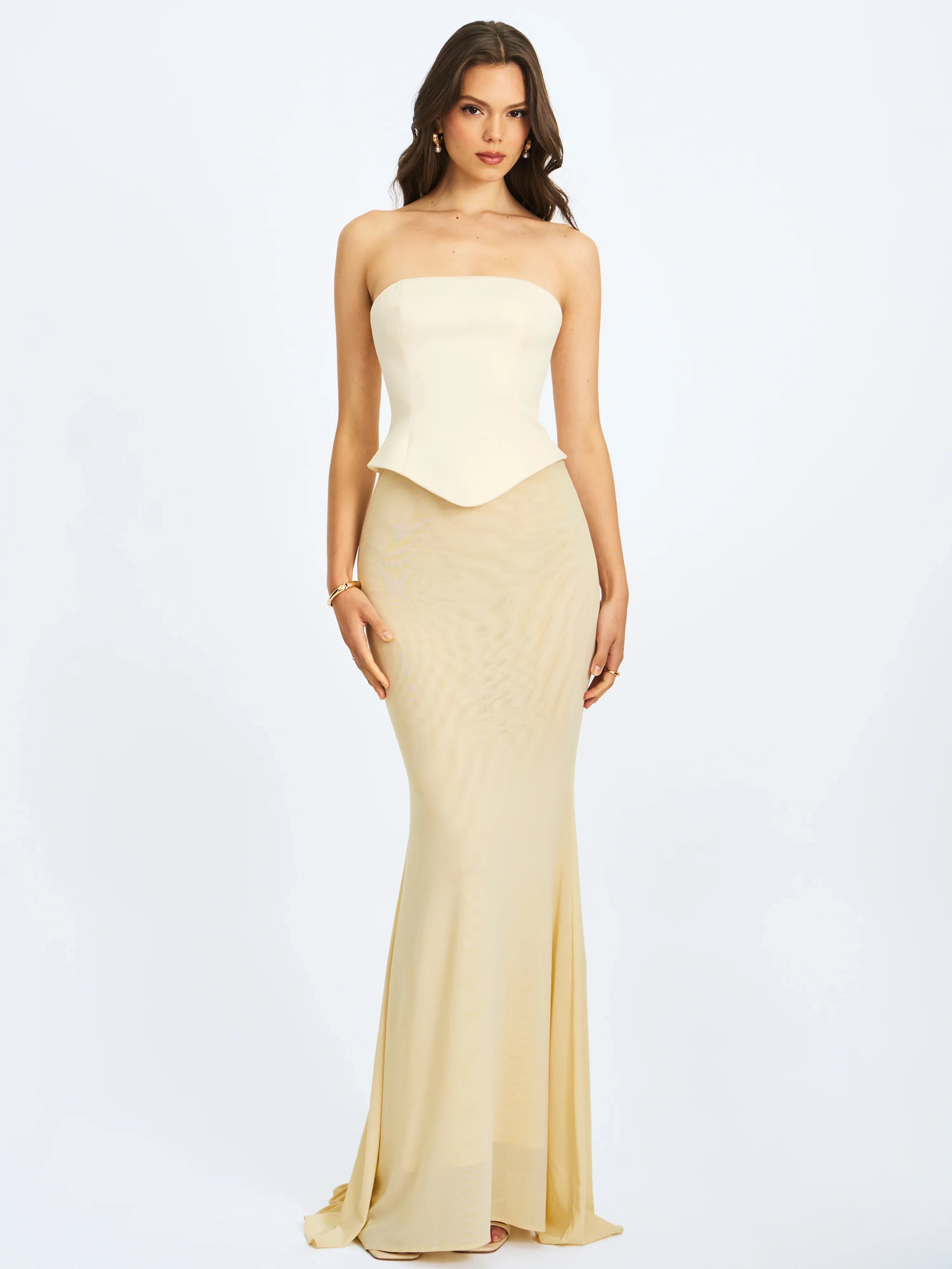 Adelina Butter Yellow Peplum Mermaid Gown with Lace-up Back