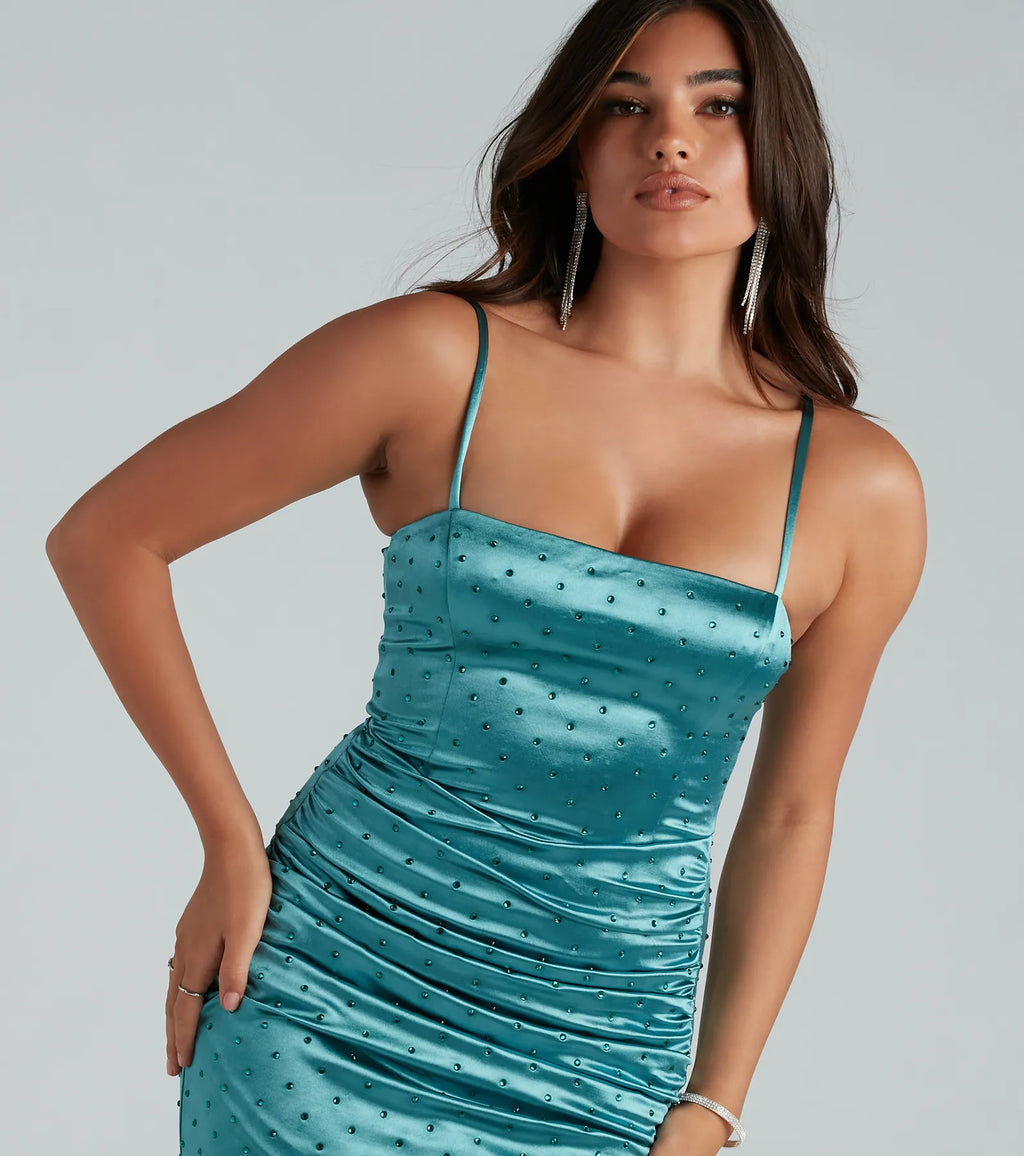 Charming Behavior Satin Rhinestone Mini Dress
