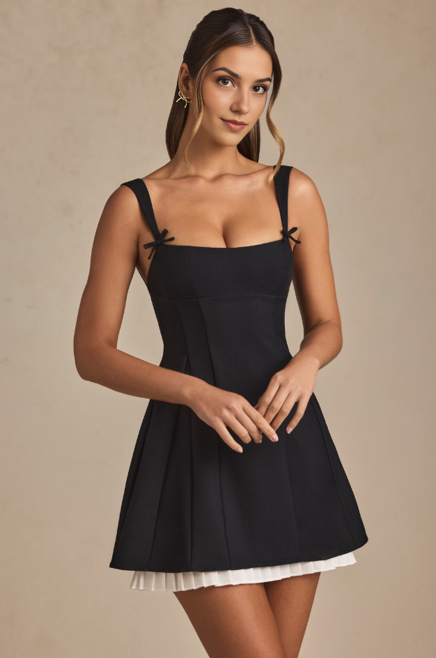 Bow-Detail Pleated A-Line Mini Dress in Black – Elegant & Flattering