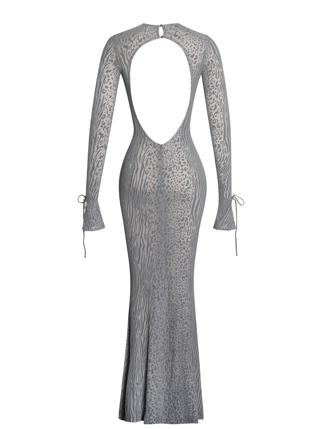 Waylynn Gray Animal Print Burnout Velvet Detail Mesh Backless Maxi Dress