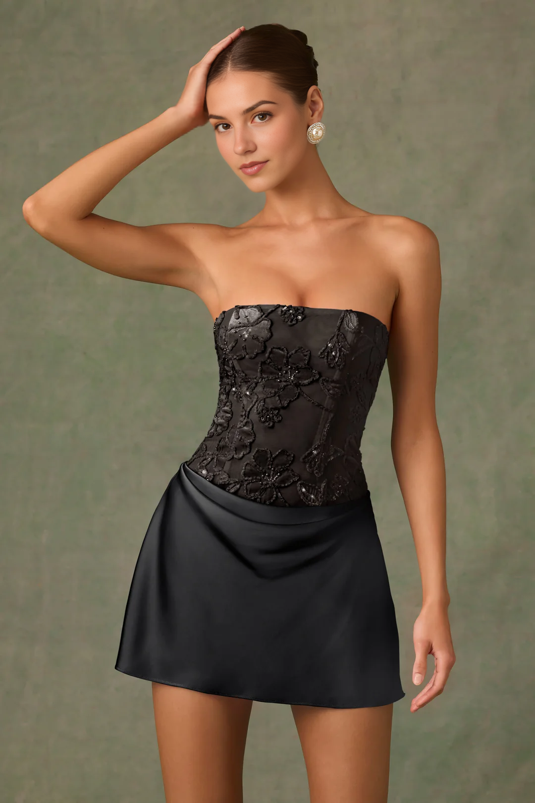 Embellished Draped Strapless A-Line Mini Dress in Black – Sparkling Party Ready