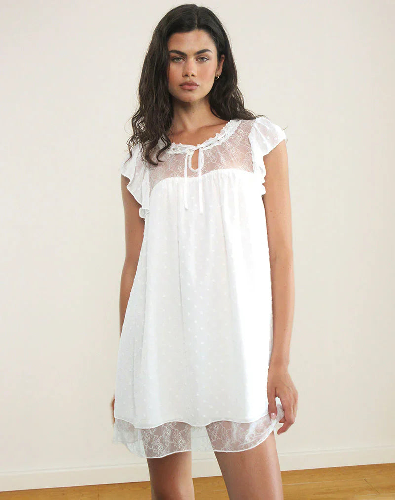 Yagis Smock Mini Dress in Dobby Chiffon White Lace