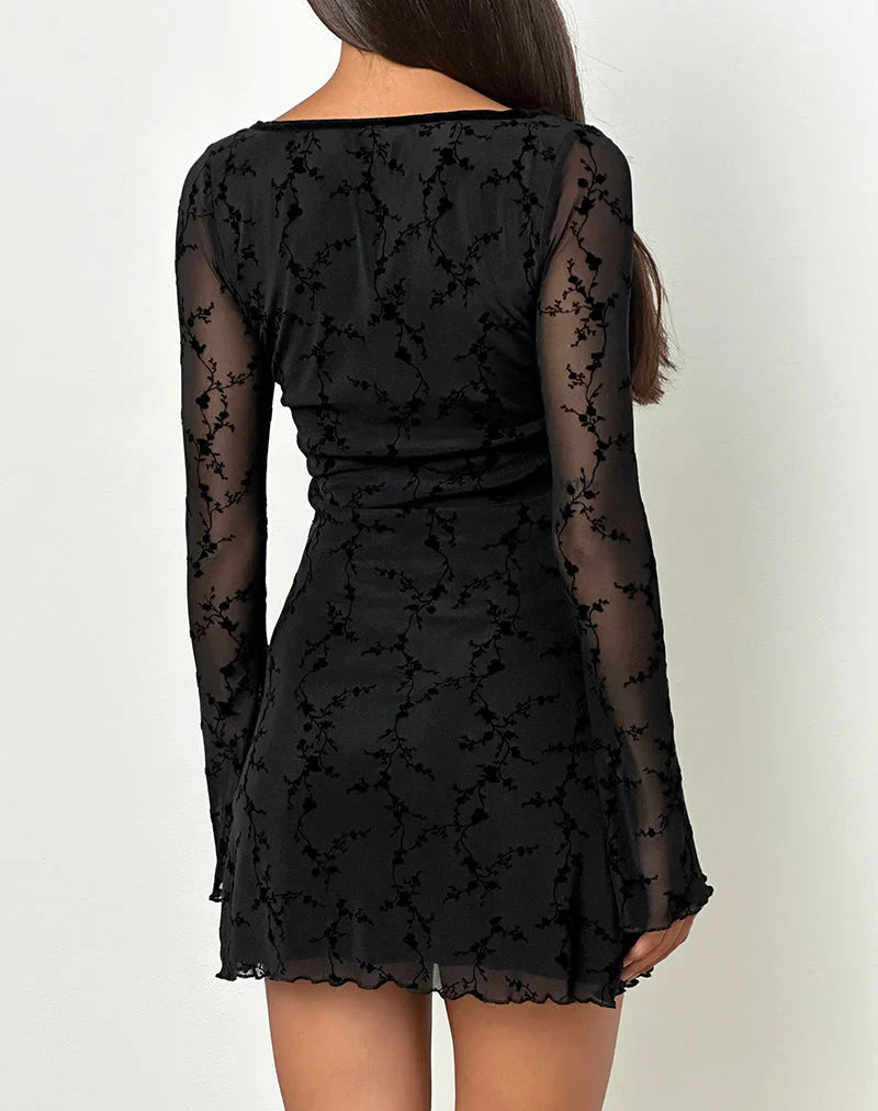 Luth Mini Dress in Vine Flower Black