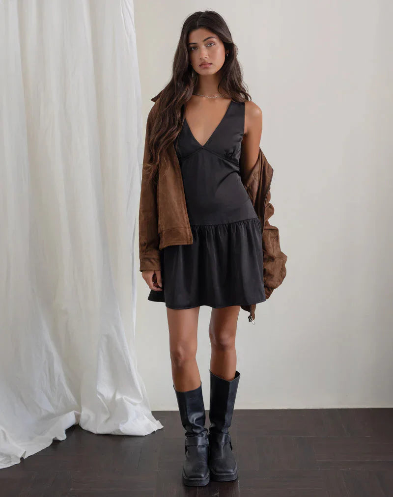 Distia Plunge Puff Mini Dress in Black