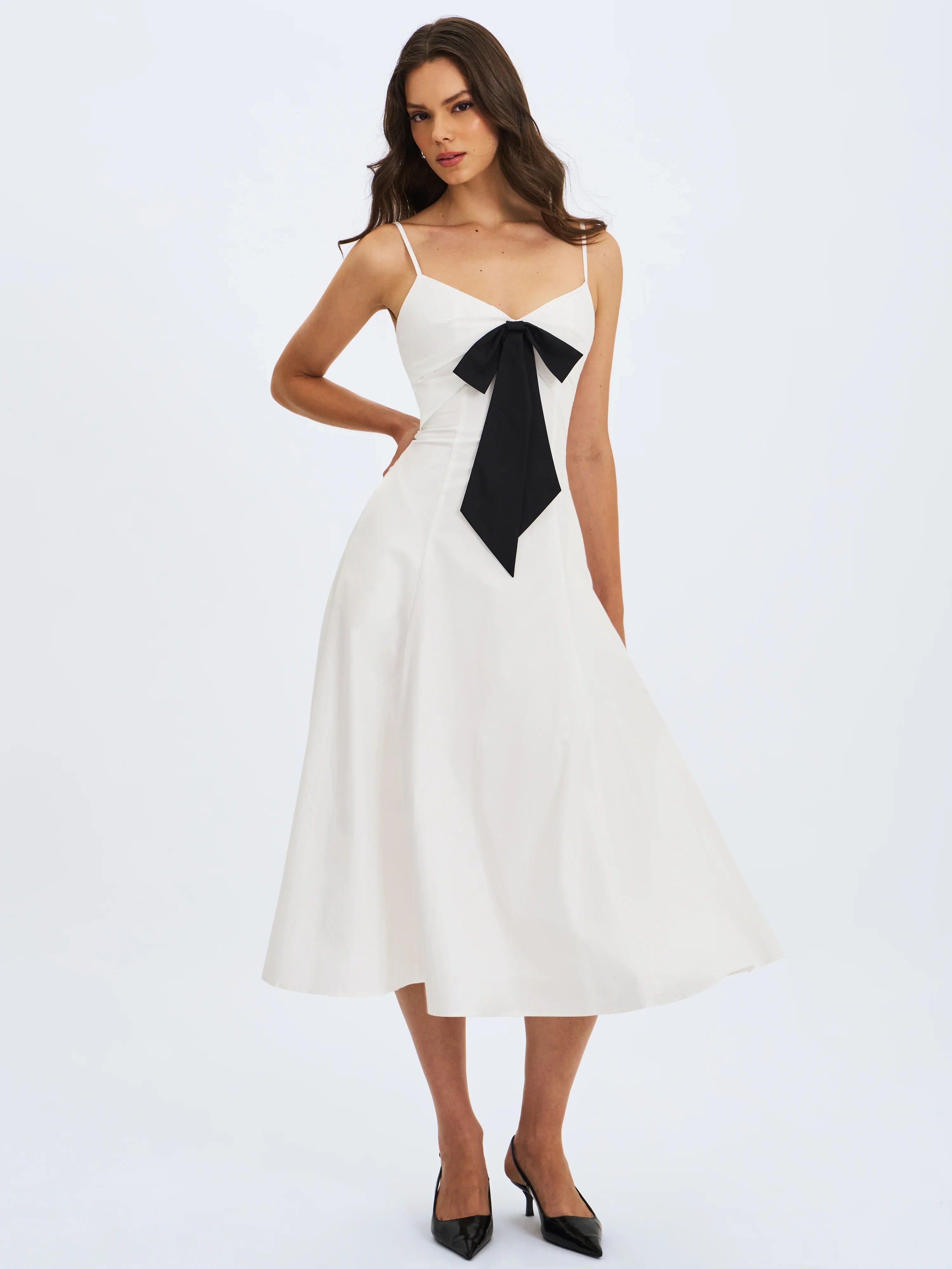 Corinne White Poplin Flared Maxi Dress with Removable Bow