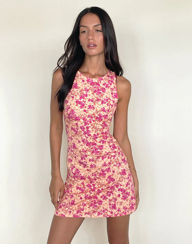 Ayana Backless Mini Dress in Dark Wild Flower Cantaloupe