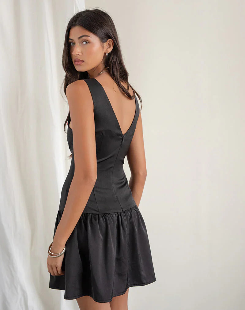 Distia Plunge Puff Mini Dress in Black