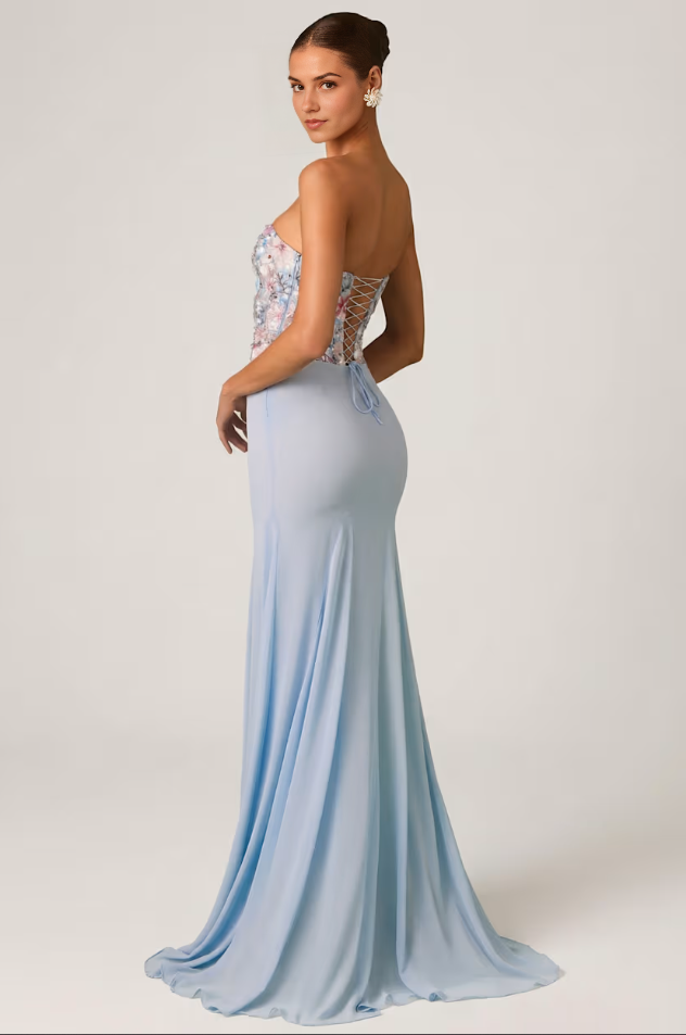 Embellished Corset Fishtail Gown in Floral Blue