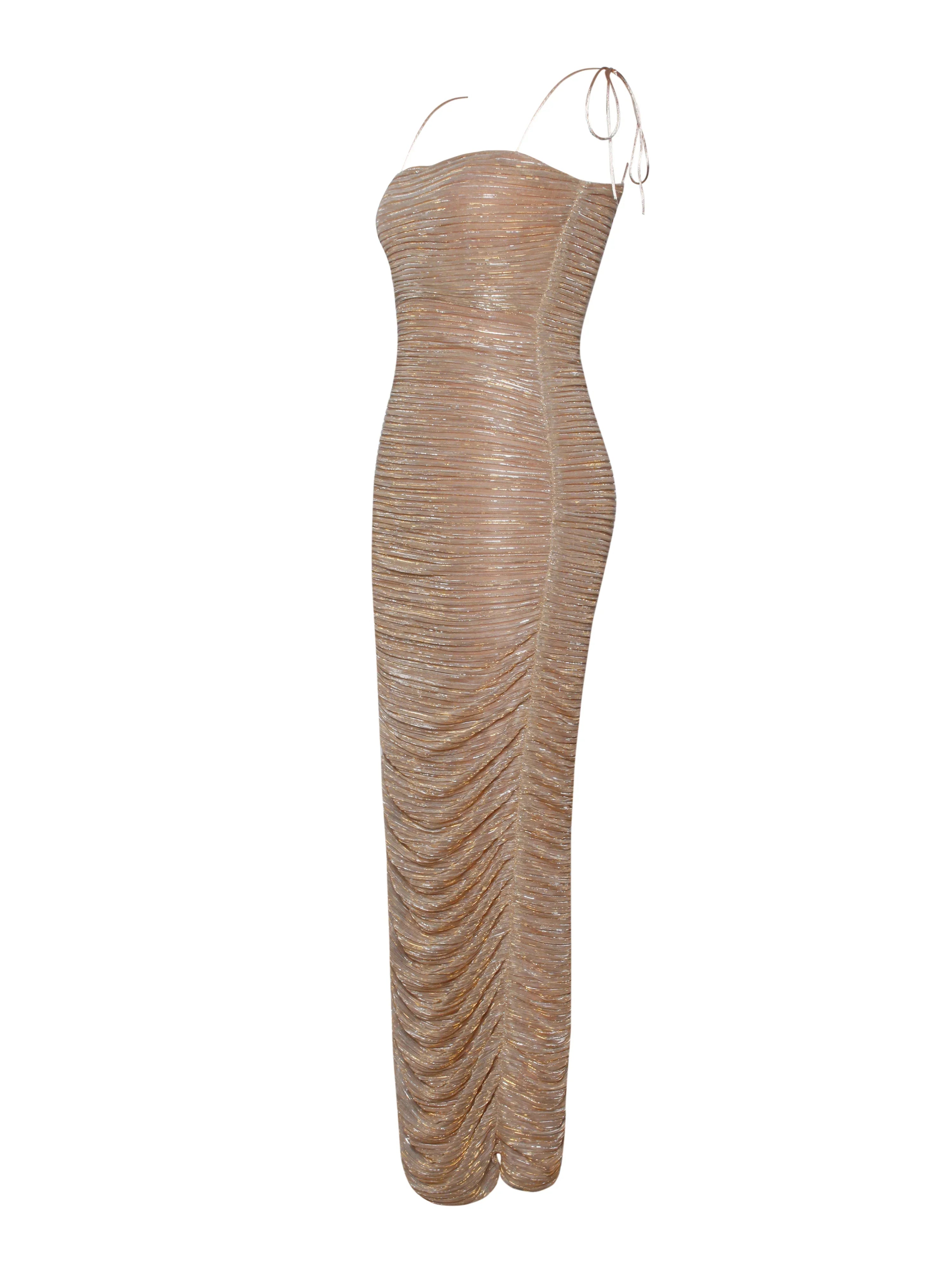The Glint Gold Ruched Chiffon Long Maxi Dress
