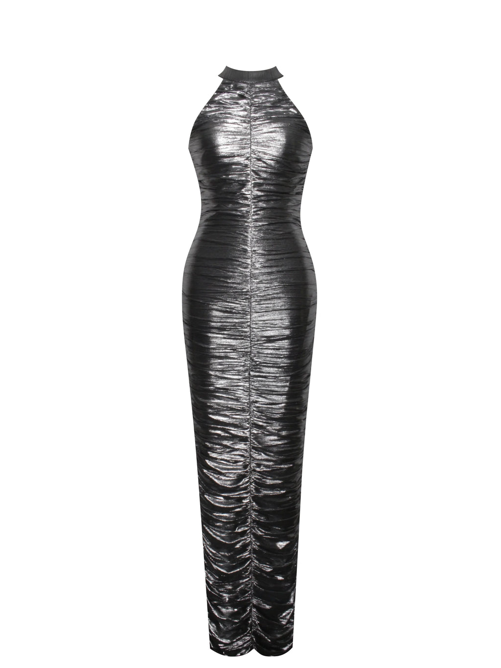 Abril Ruched Silver Glitter Backless Gown
