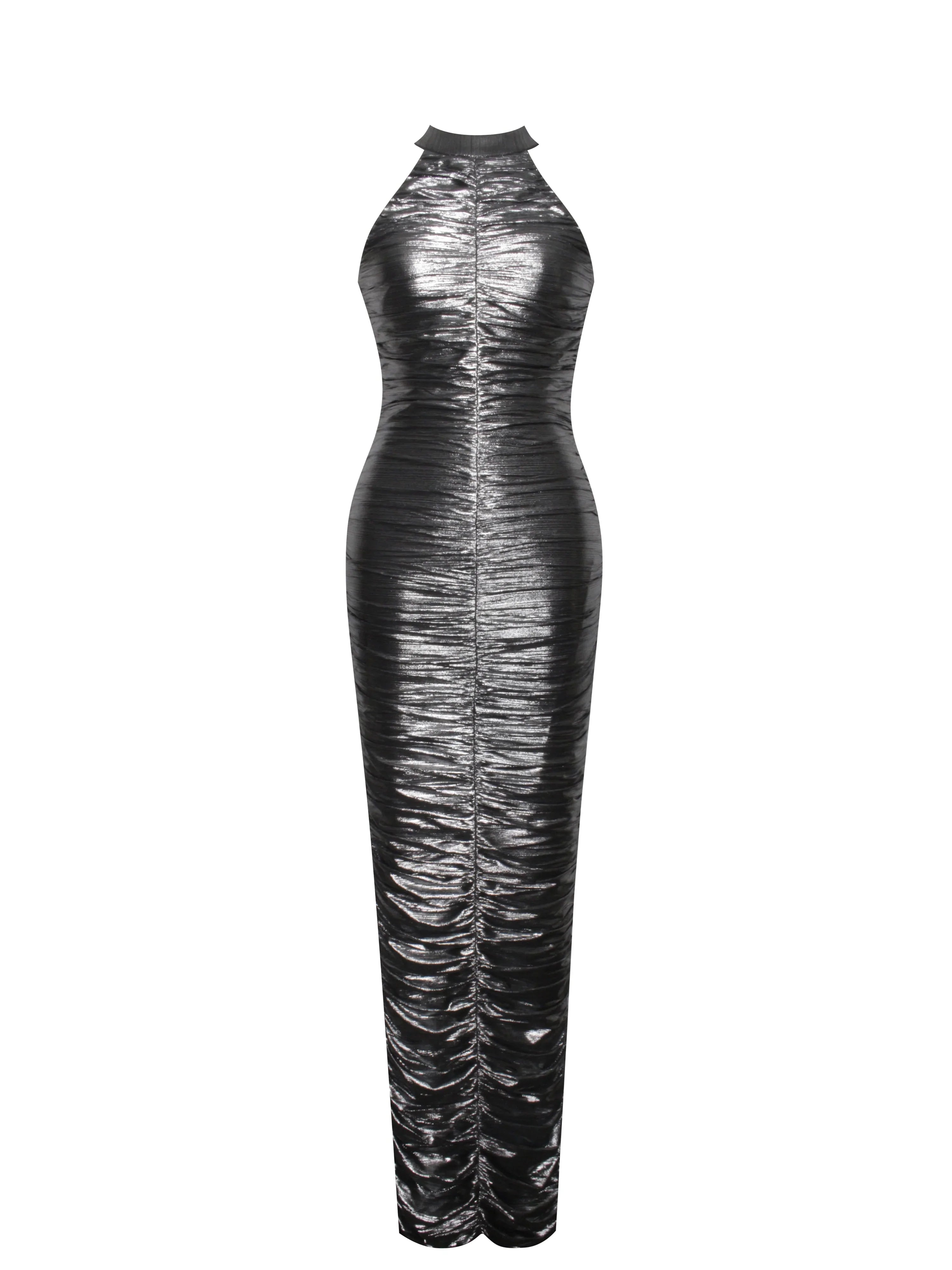 Abril Ruched Silver Glitter Backless Gown