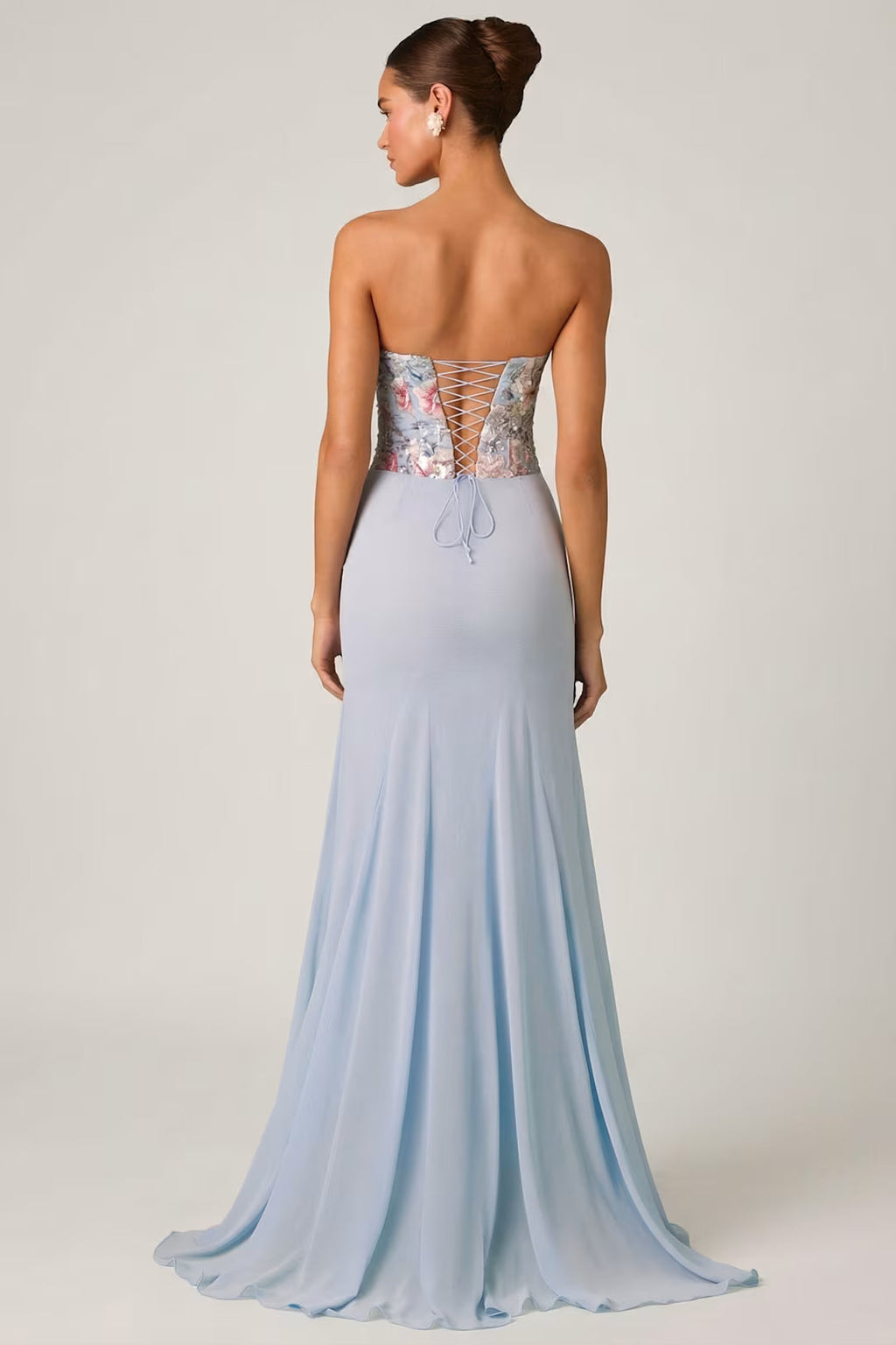 Embellished Corset Fishtail Gown in Floral Blue