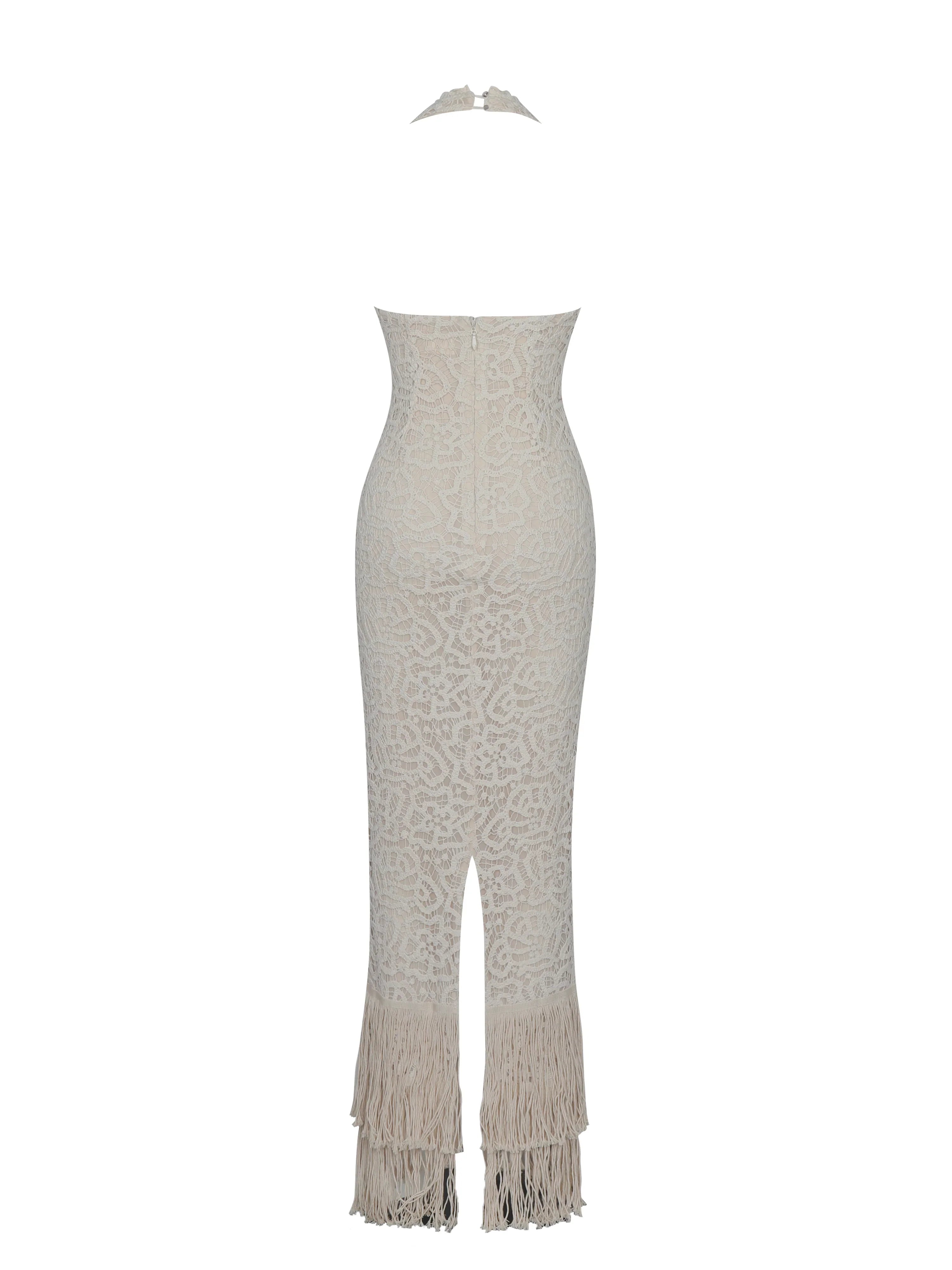 Faelyn Off-White Double Fringe Crochet Halter Maxi Dress