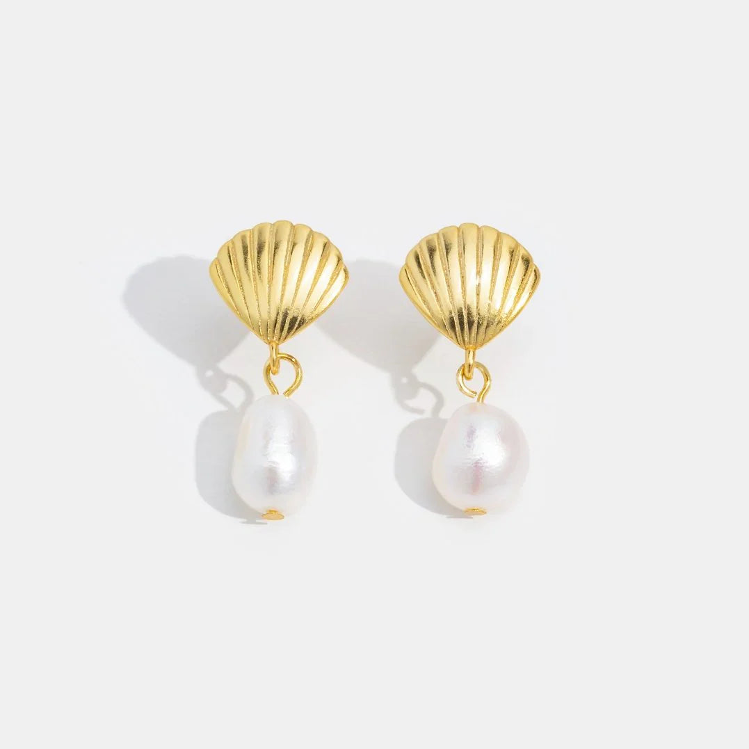 Vioraia Freshwater Pearl & Gold Shell Earrings