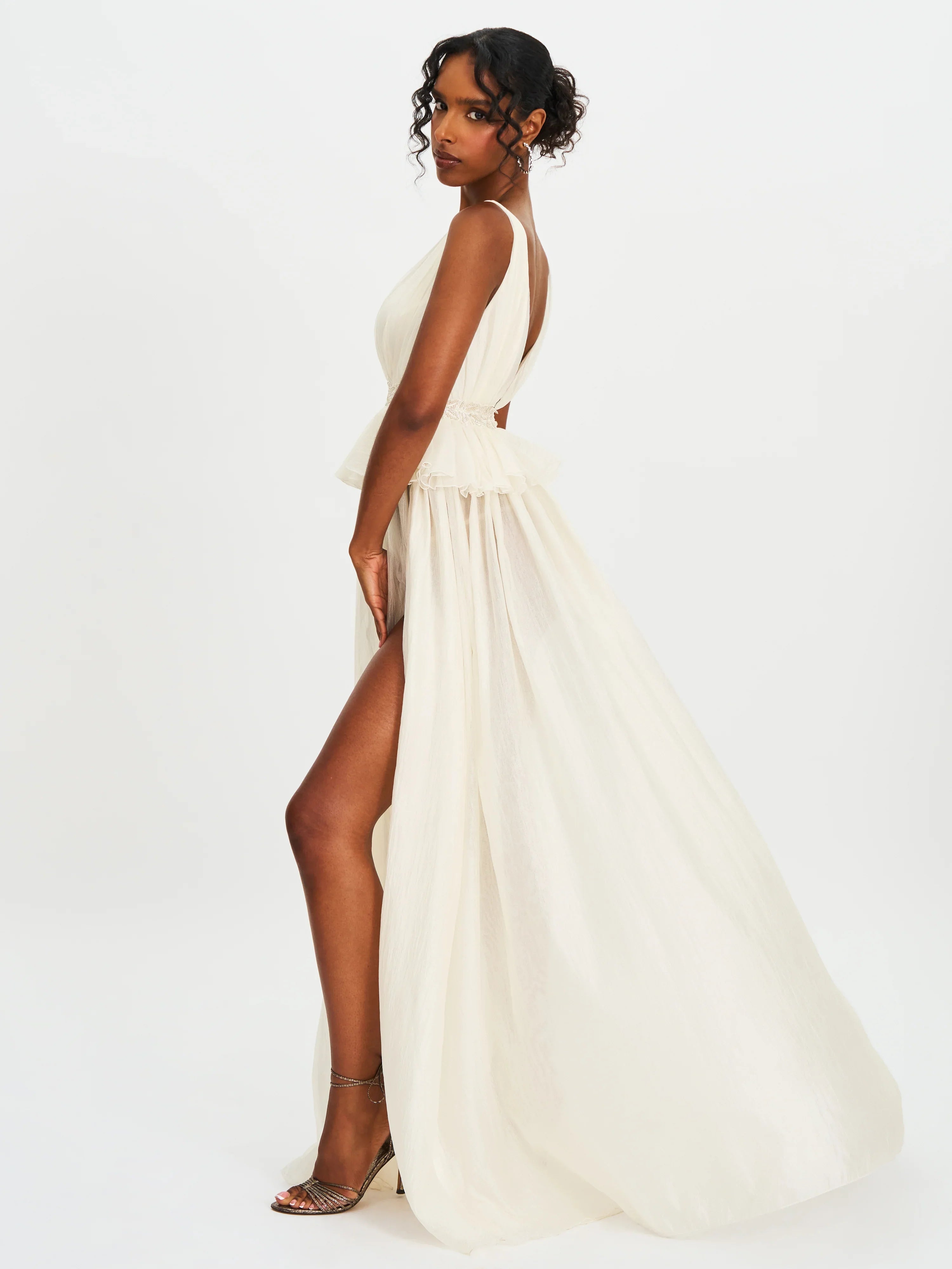 Calleigh Off White Flare Beaded Belt Maxi Gown