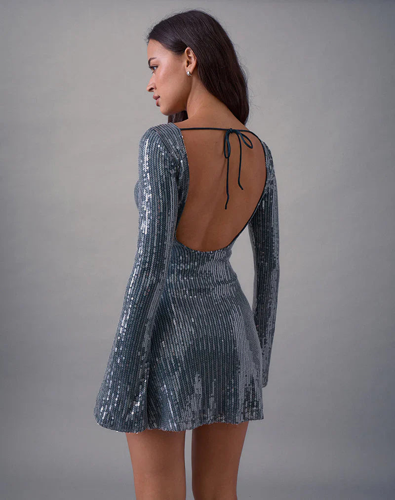 Kimberly Mini Dress in Sequin Dark Teal