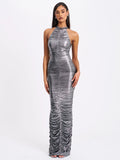 Abril Ruched Silver Glitter Backless Gown